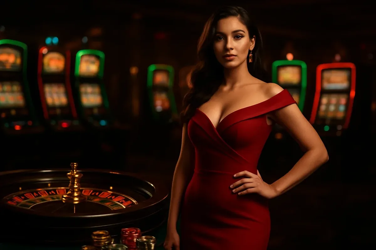 Elegant woman in red dress standing by roulette and slot machines with neon green and red accents, gold coins, poker chips, and luxury casino atmosphere