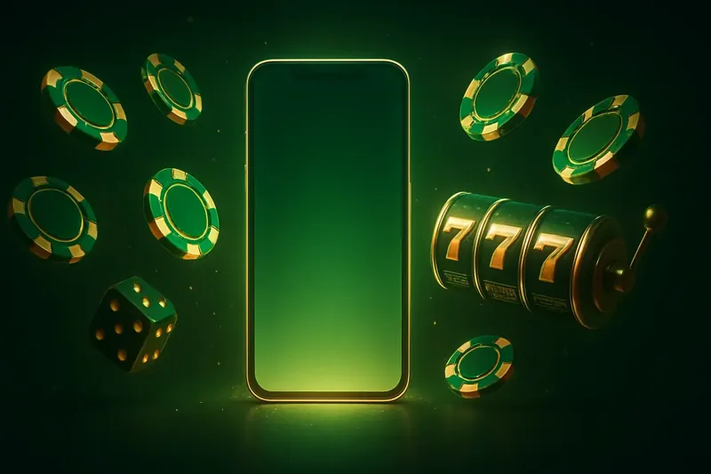 Glowing smartphone with floating casino chips, slot reels, and dice on dark luxurious background